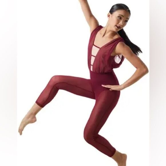 WEISSMAN Dance Costume Burgundy red jumpsuit Mesh Cropped Unitard SM11090 XLA - Picture 1 of 15